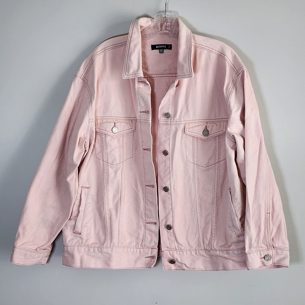 Missguided Denim Jacket Womens 12 Pink Cotton Oversized Trucker Jean Coat Pastel